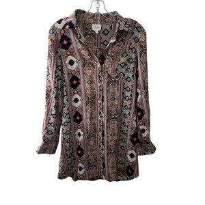 PARKER Silk Mini Dress Small Shirt Dress Button Down Boho Multicolor Geometric